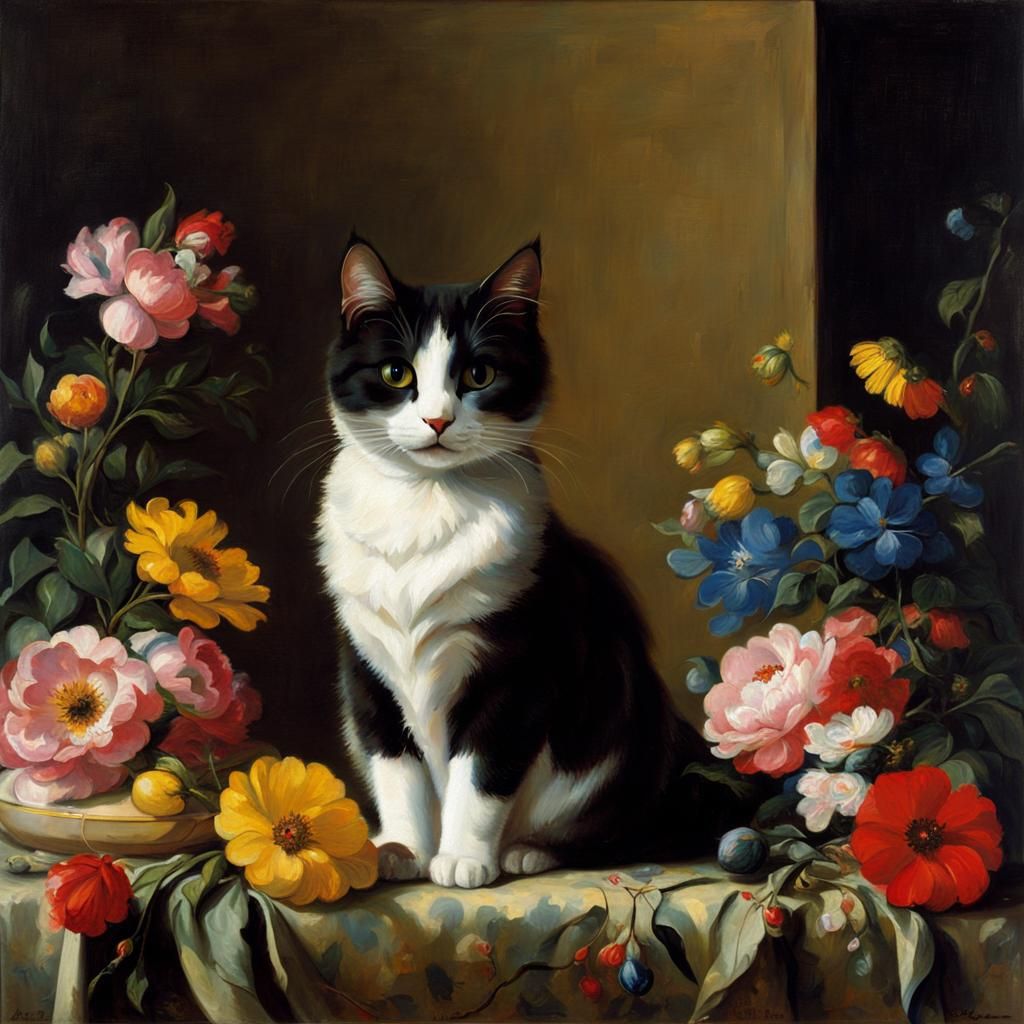 Cute Cat in Vermeer Style with Flowers
