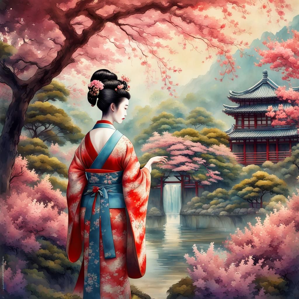 Japanese Garden with Geisha in Watercolor Style