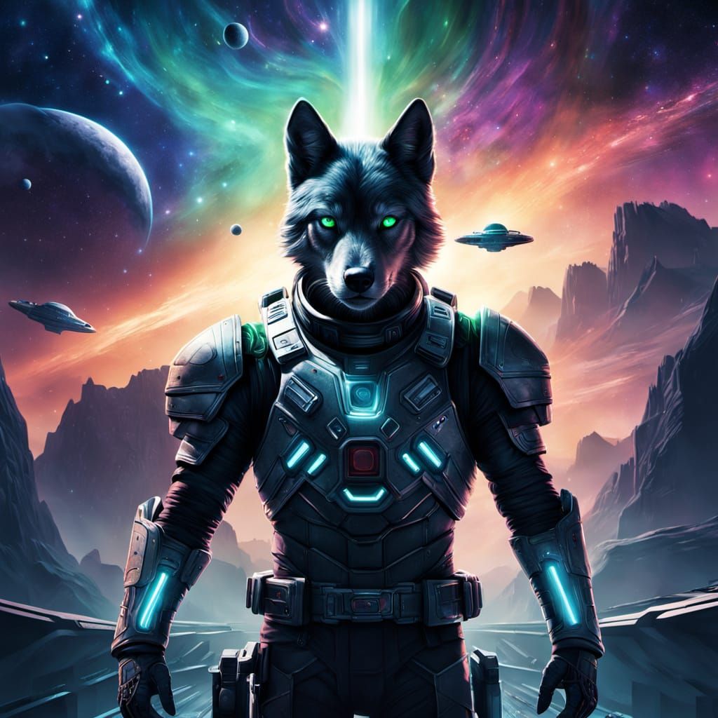 Cosmic Warrior of the Wolf Fang Pirates in Vibrant Digital A...