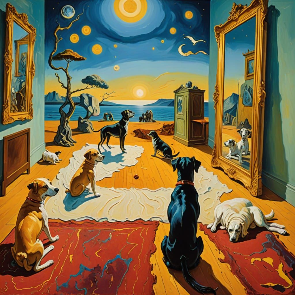 Dogs Admire "The Persistence of Memory" in Neo-Impressionist...