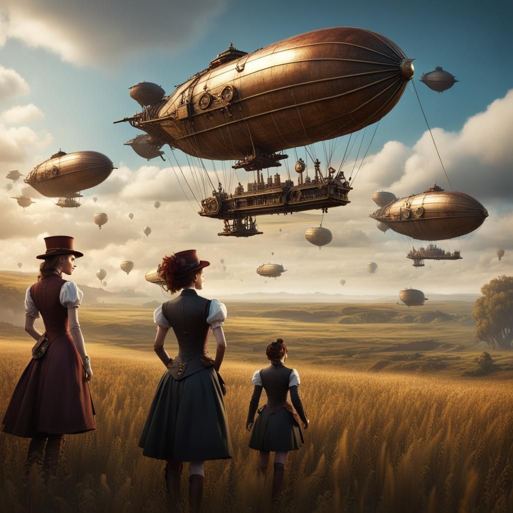 Steampunk Airships Over Field: Matte Painting Style