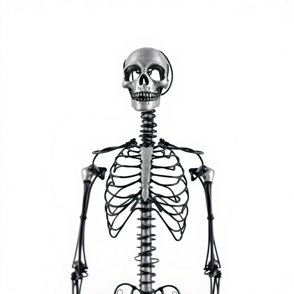 Whimsical Black Wire Skeleton with Fractal Ribcage