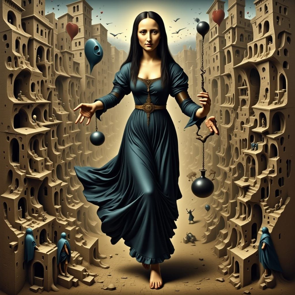 Surrealist Mona Lisa Chases Through Distorted Cityscape