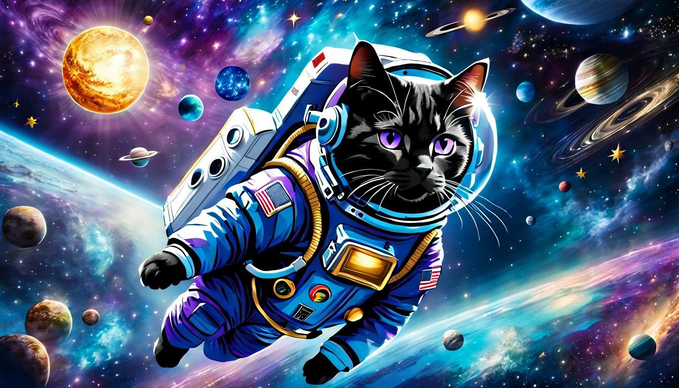 Cosmic Cat Exploring Space in Silk Spacesuit