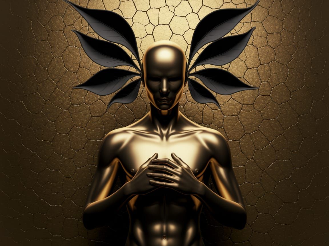 Surreal Gold Figure with Leaf-Like Adornments