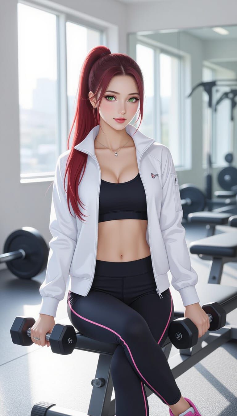 Japanese Woman Bench Curling in Gym