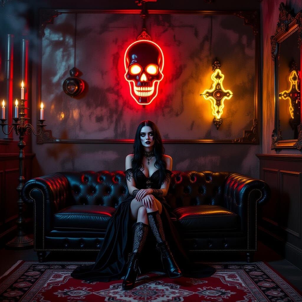 Goth Woman with Fire Explosions on Leather Couch