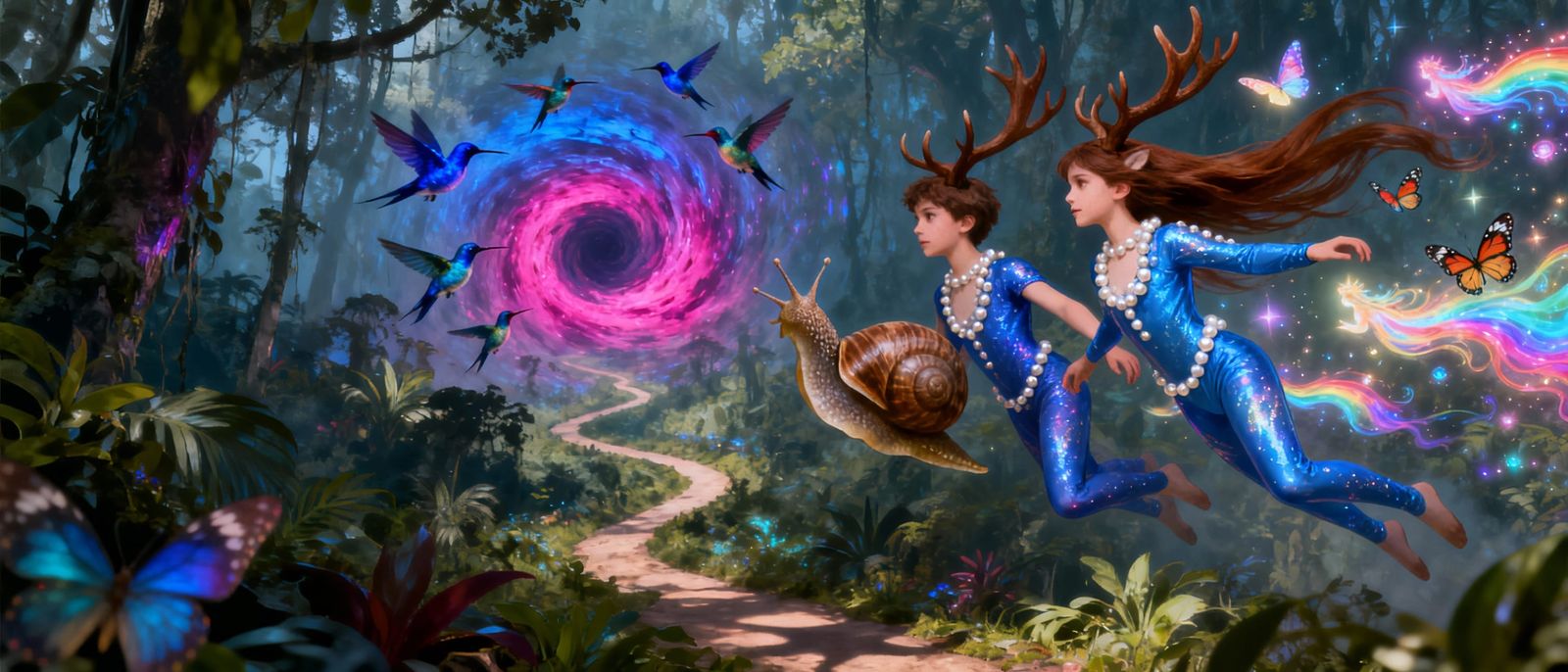 Visionary Amazon Forest Vortex with Snails and Hummingbirds