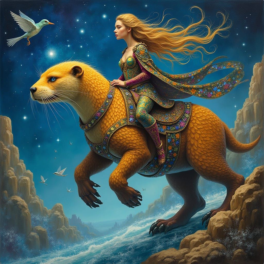 Majestic Warrior Rides Celestial Otter-Bear in Vibrant Dream...