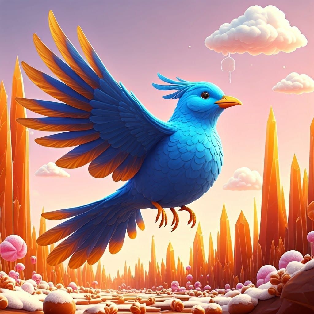 Whimsical Blue Bird Soars in a Candy-Colored City