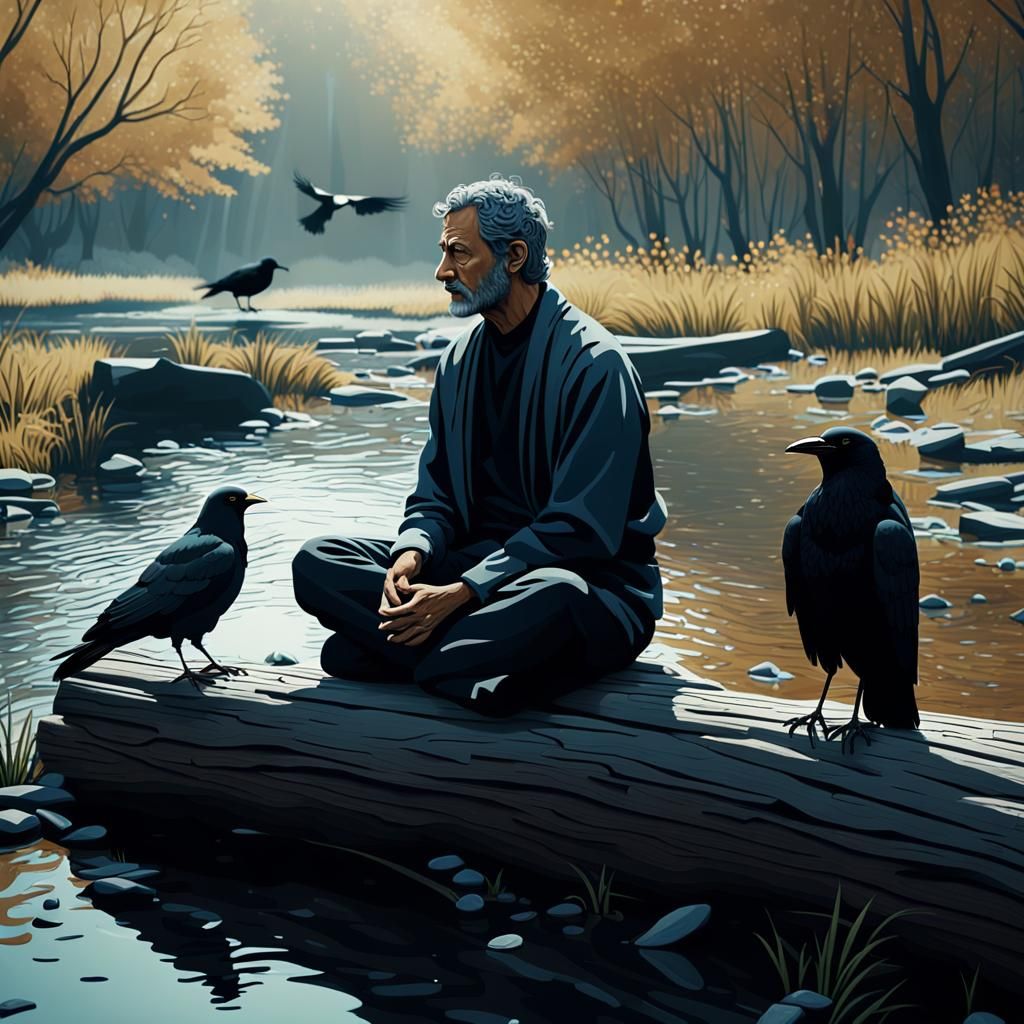 Meditative Man with Crow in Hypermodern Style