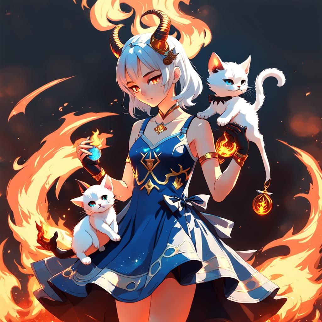 Fiery Capricorn Woman with Devil Kitten: 3D Anime Art