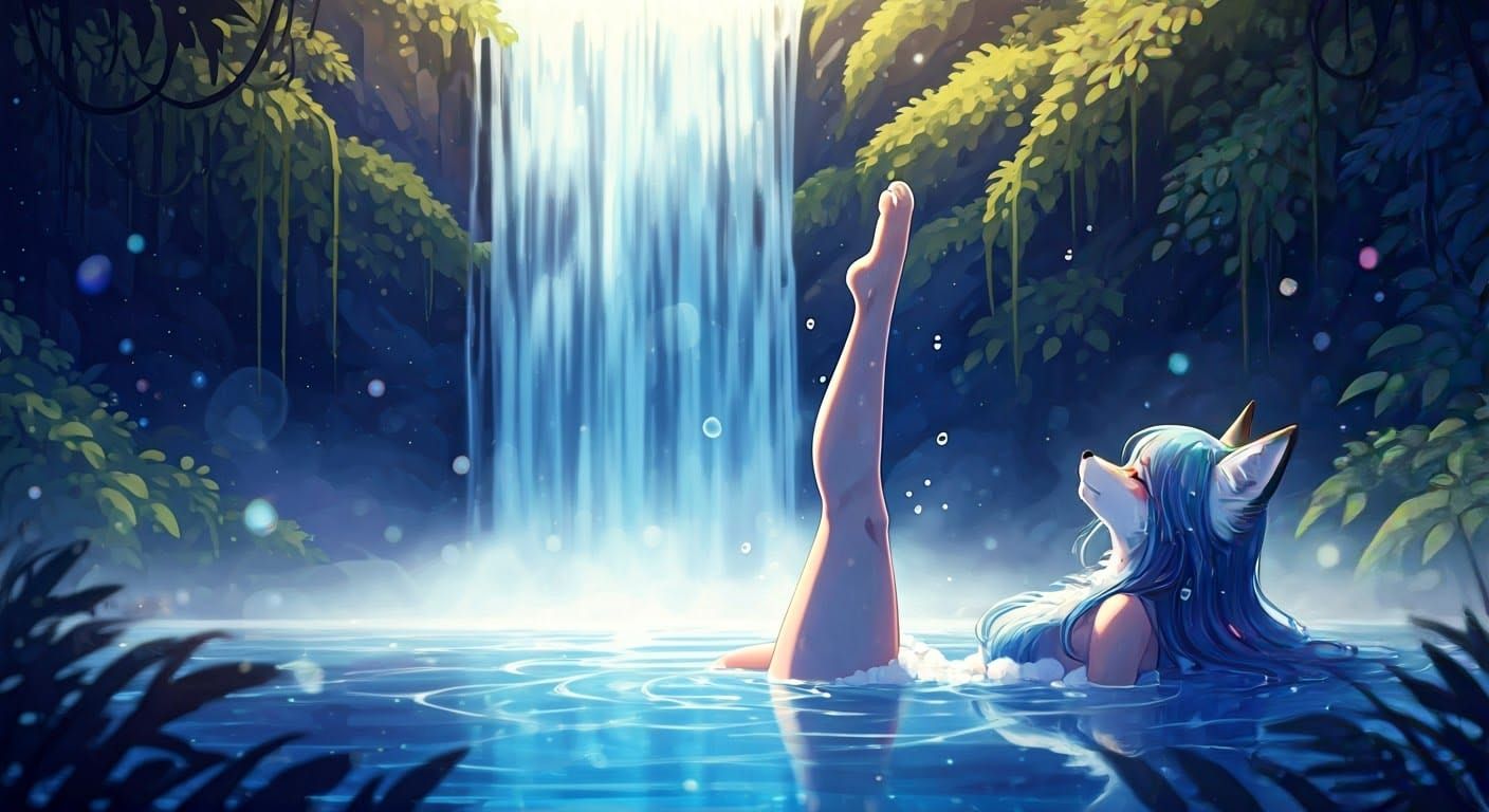 Anime Fox in Cosmic Rainforest Waterfall
