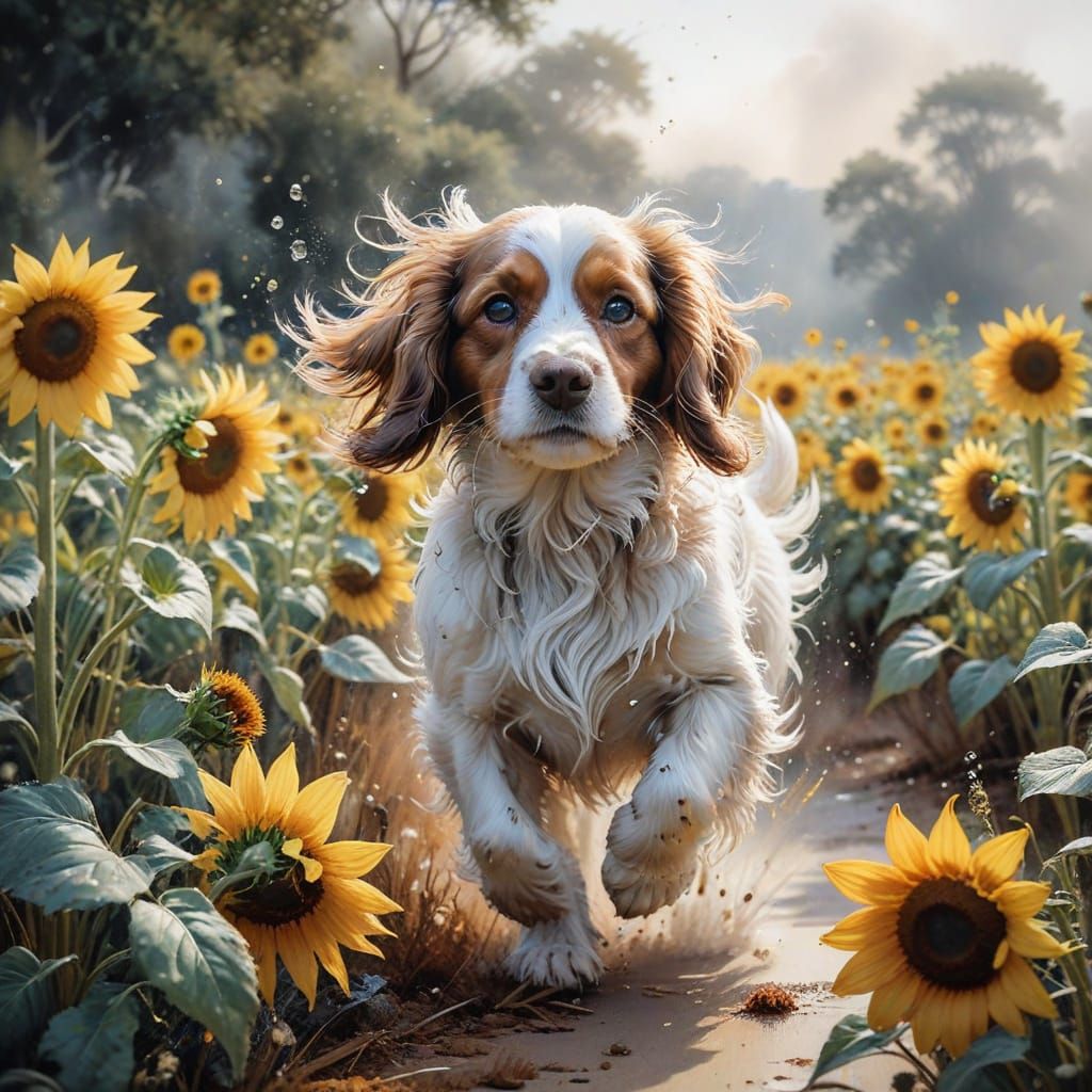 Fluffy Spaniel Puppy Amidst Sunflowers in Academic Art Style