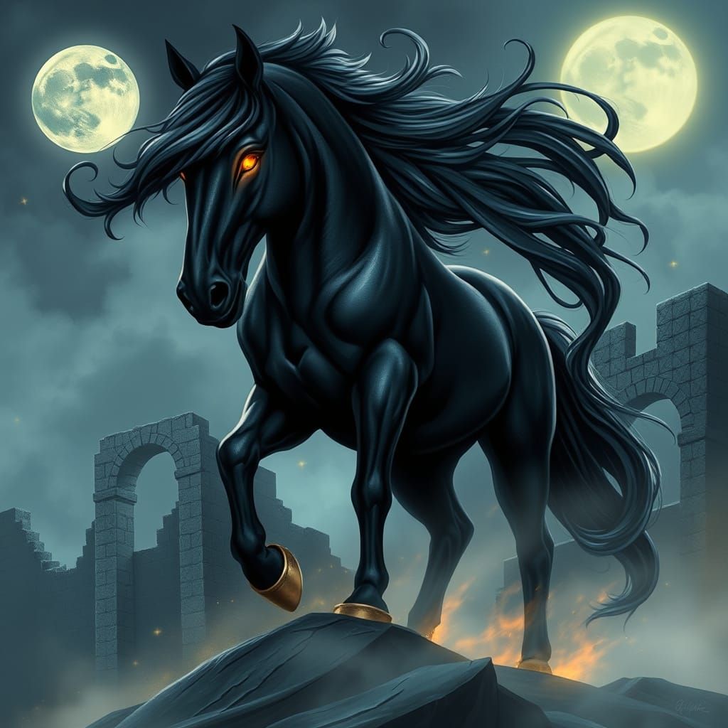 A mystical Irish shape-shifting puka, appearing as a sleek b...