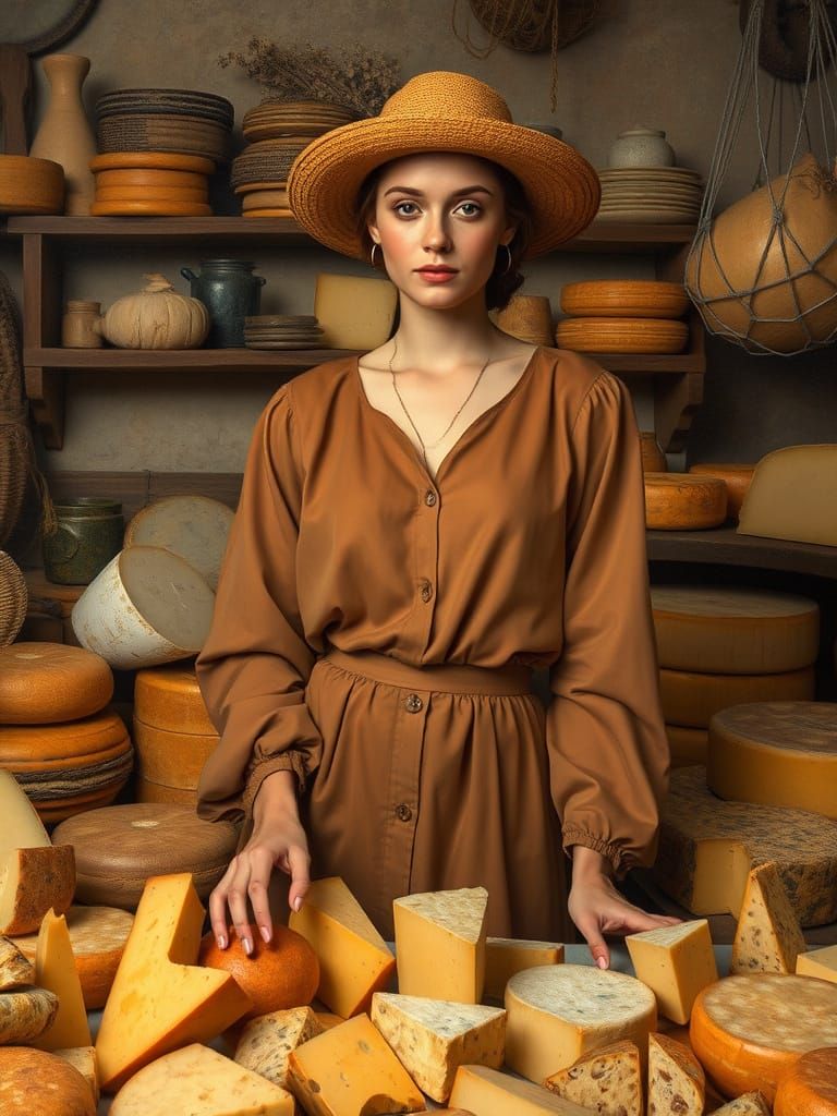 Woman Amidst Artisanal Cheese and Rustic Landscape