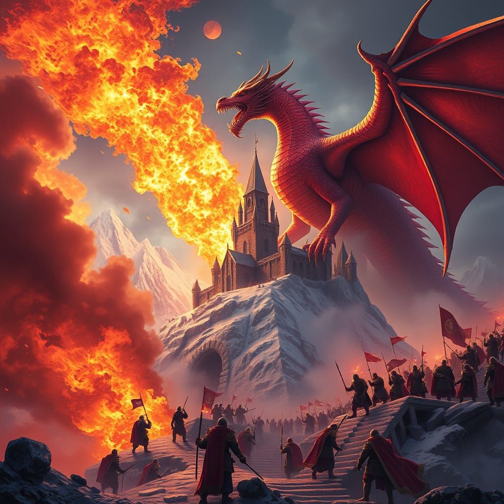 Majestic Red Dragon Dominates Snow-Capped Castle