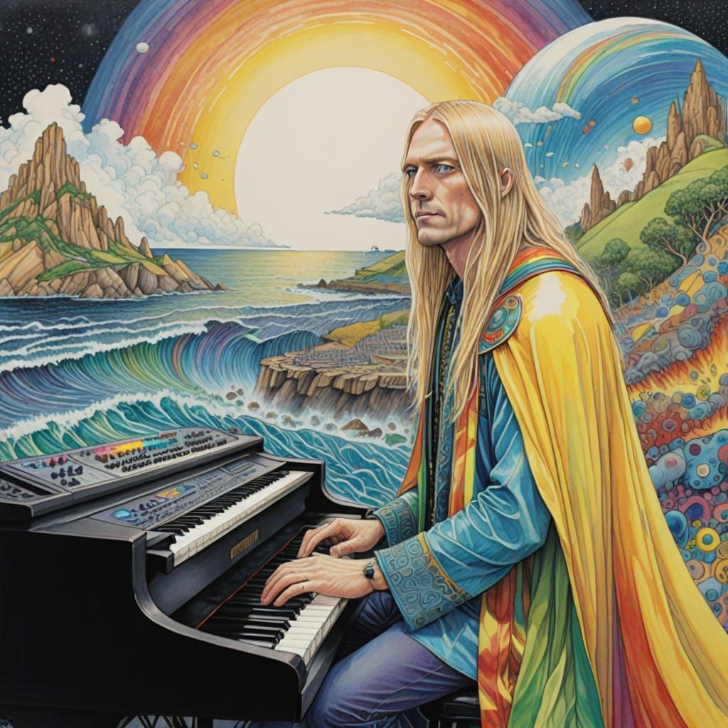 Psychedelic Keyboardist in Colored Pencil Style