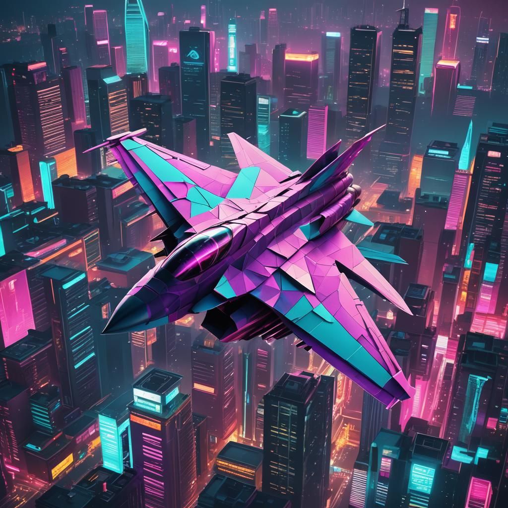 Paper Airplane Fighter Jet Over Neon Cityscape