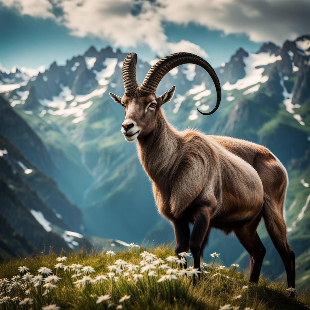 Bouquetin et edelweiss / mountain ibex and edelweiss