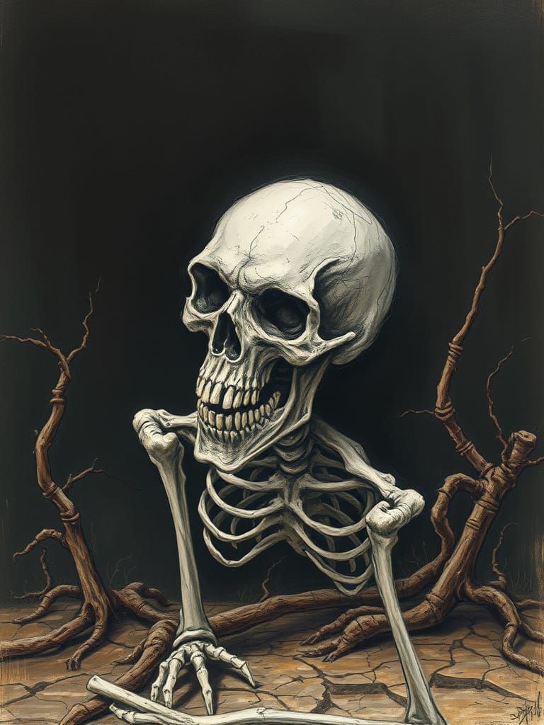 Eerie, Haunting Skeleton in Dark, Mysterious Landscape