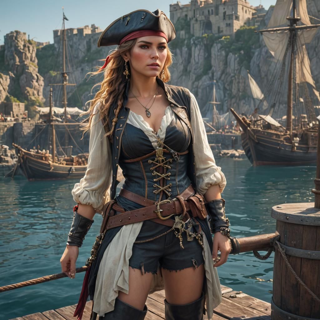 Photorealistic Pirate in Ancient Harbour, Hyperrealism Style