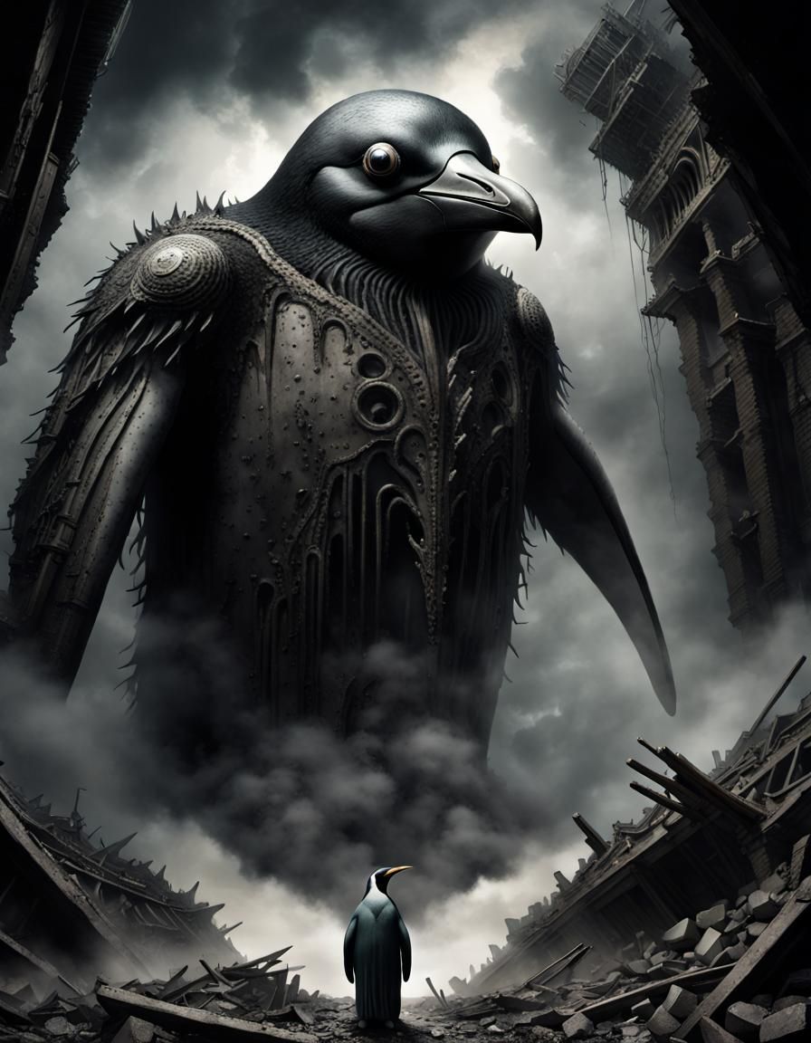 Lovecraftian Penguin Monster in Apocalyptic Landscape