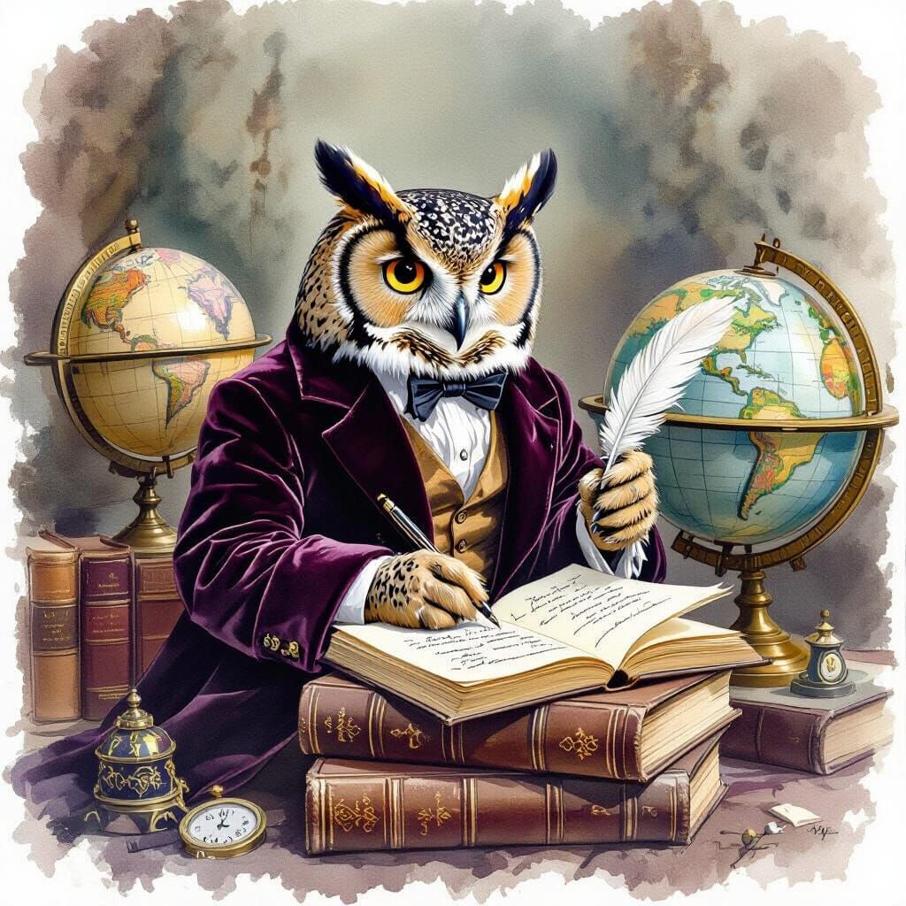 Whimsical Owl Gentleman in Watercolor Style