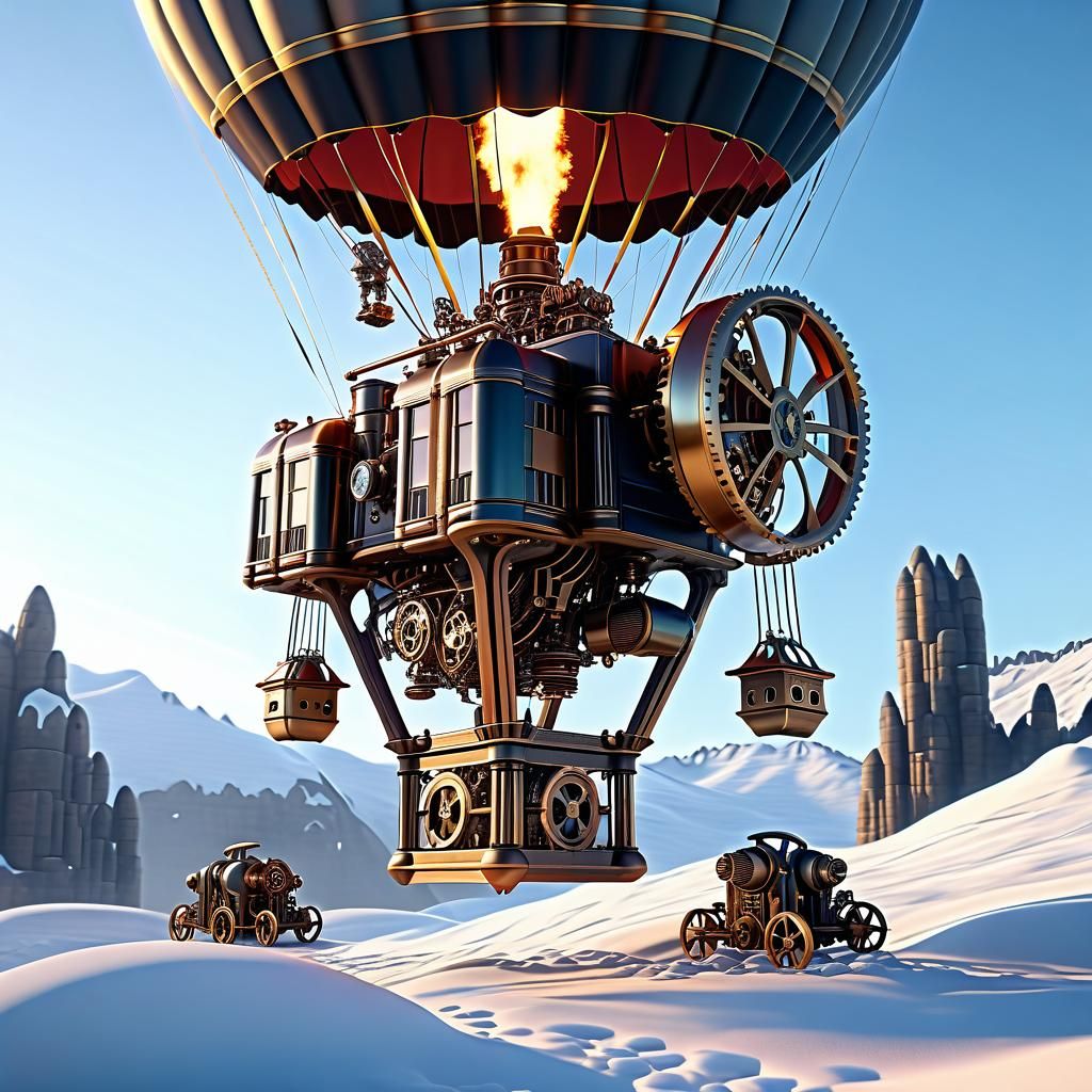 Steampunk Hot Air Balloons on Snowy Mountain at Dawn