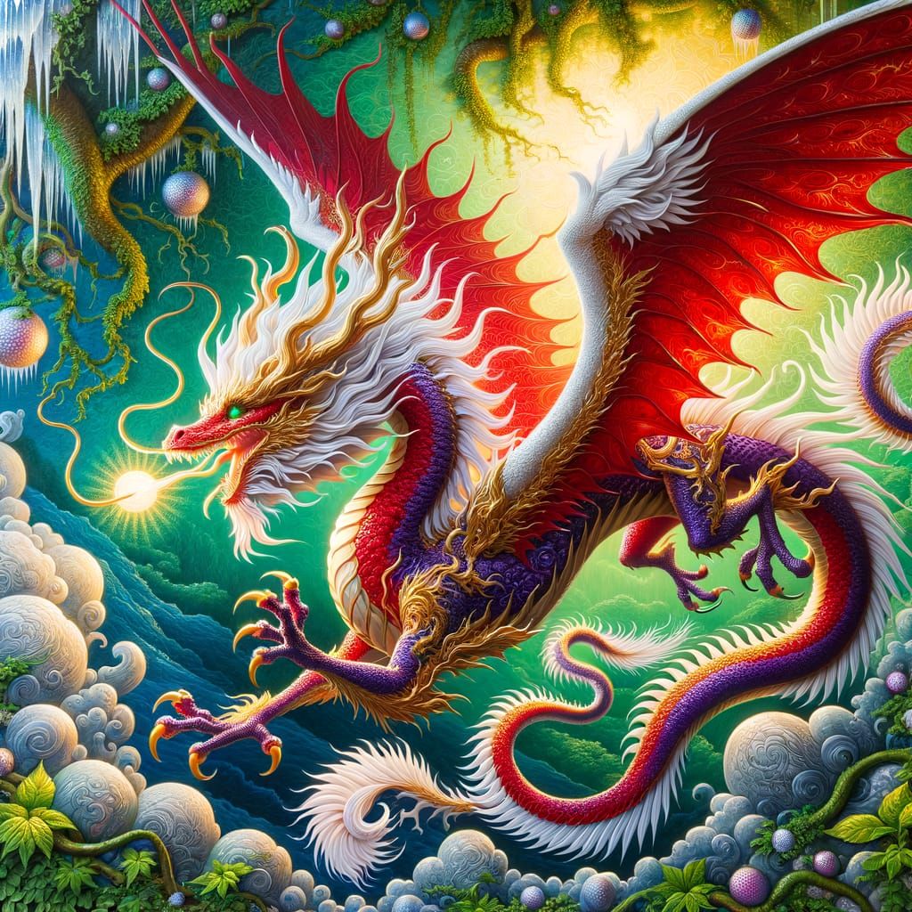 Red and White Dragon Soaring Above Icy Vines