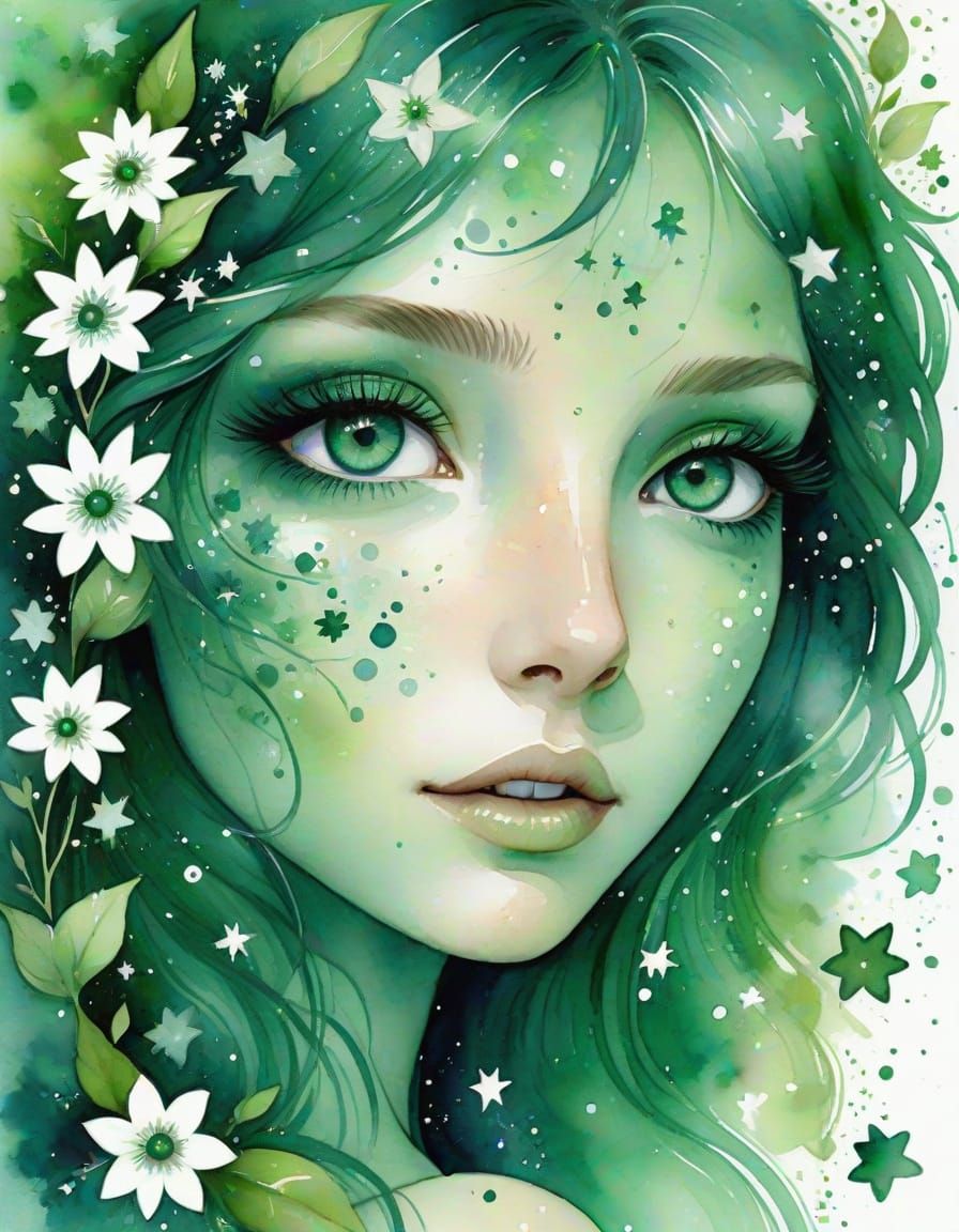Whimsical Emerald Eyes in Monochromatic Watercolor