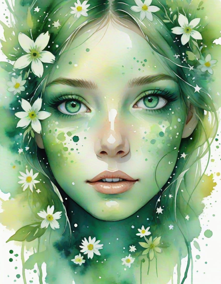 Whimsical Watercolor Portrait with Emerald Eyes and Celestia...