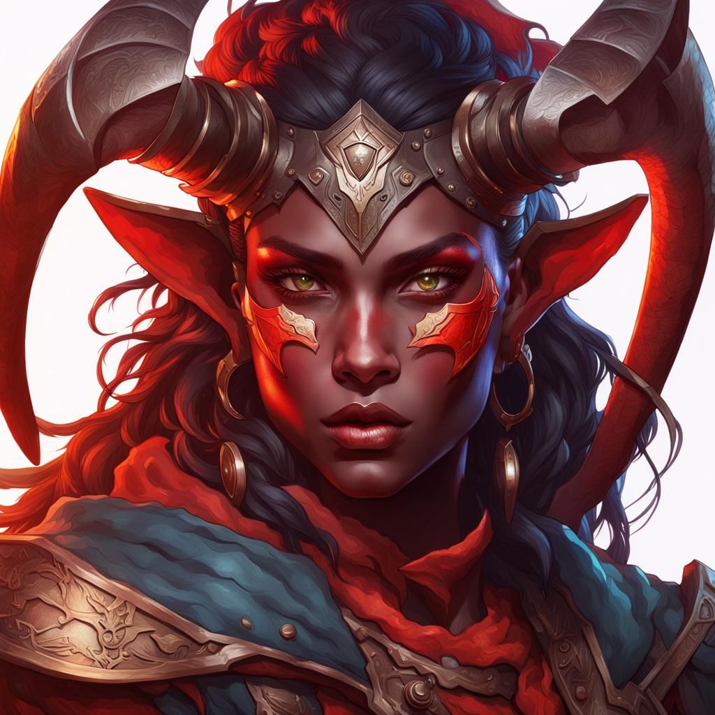 Tiefling Ranger Girl Portrait in Art Nouveau Style