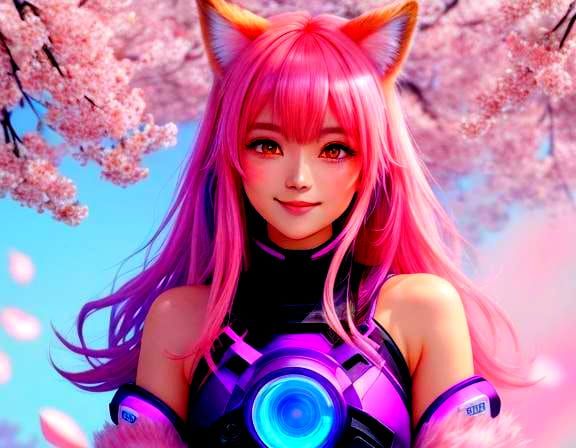 Chibi Foxgirl Among Neon Sakura Blossoms