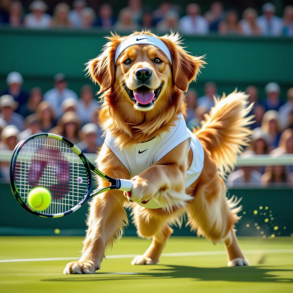 Golden Retriever Plays Tennis at Wimbledon: Digital Painting