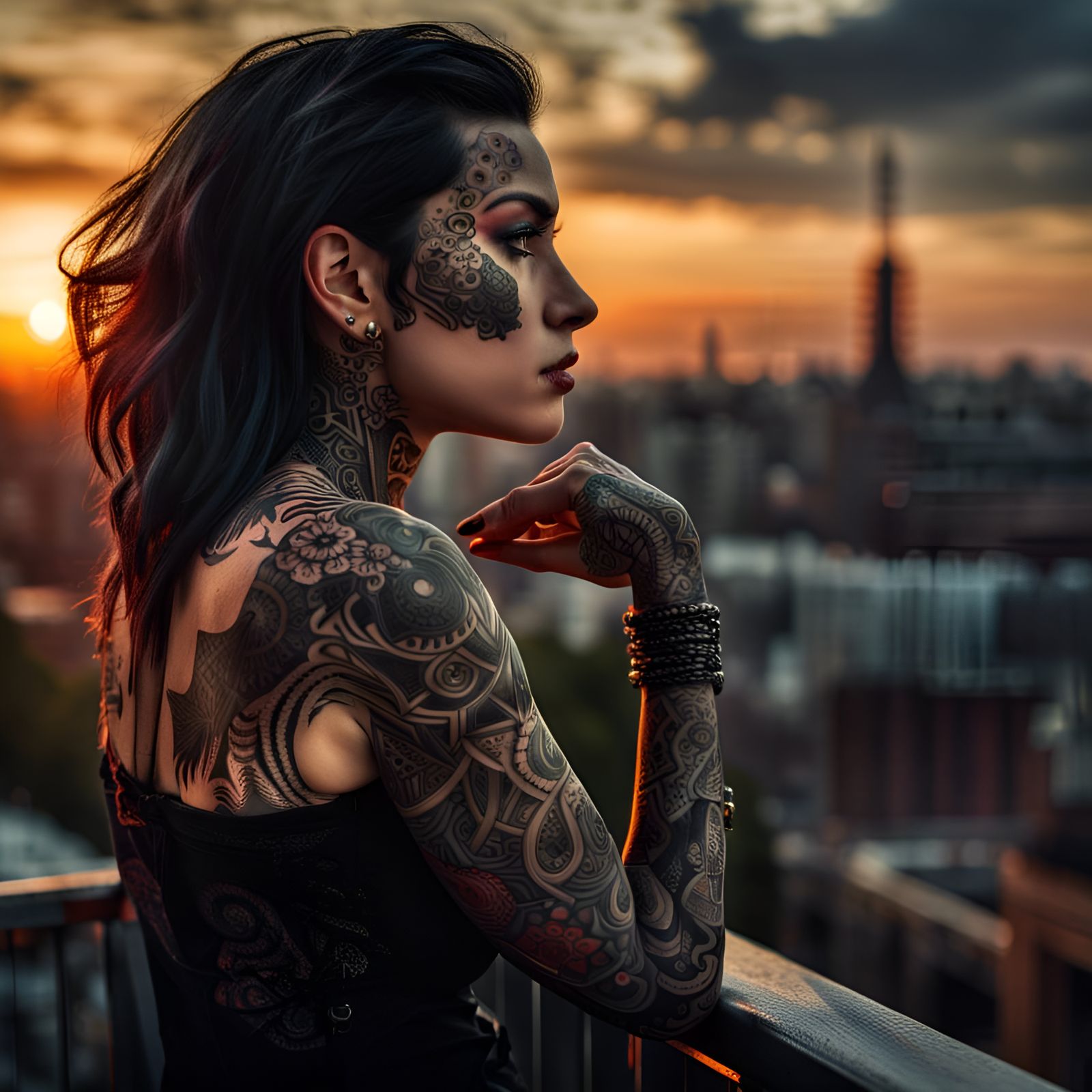 Tattooed Goth Woman at Sunset Over City