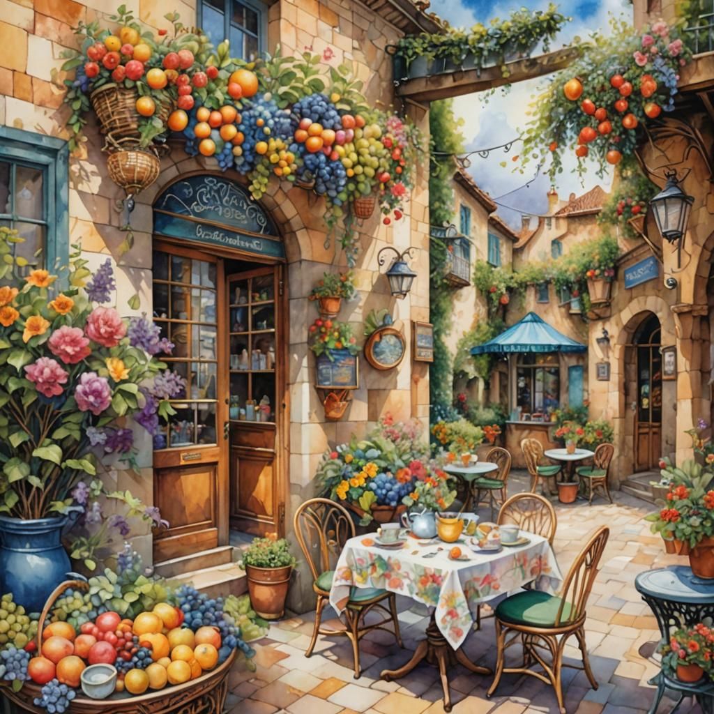 Floral Cafe Patio in Watercolor Patchwork Style