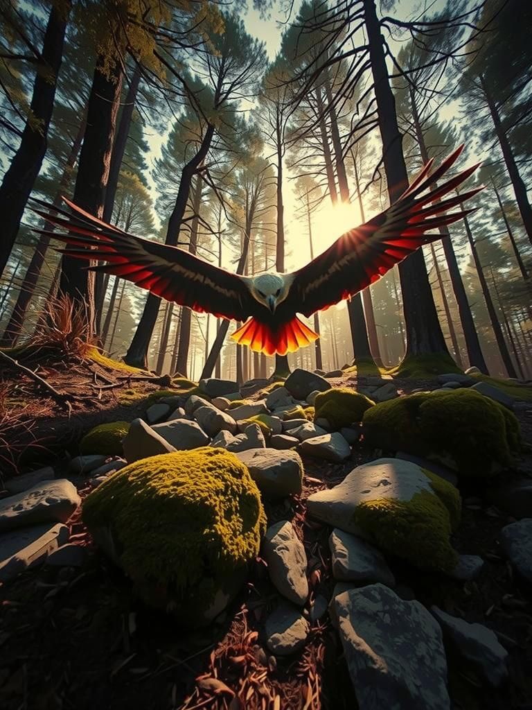 Eagle's Flight Through Mystical Forest in Psychedelic Vision