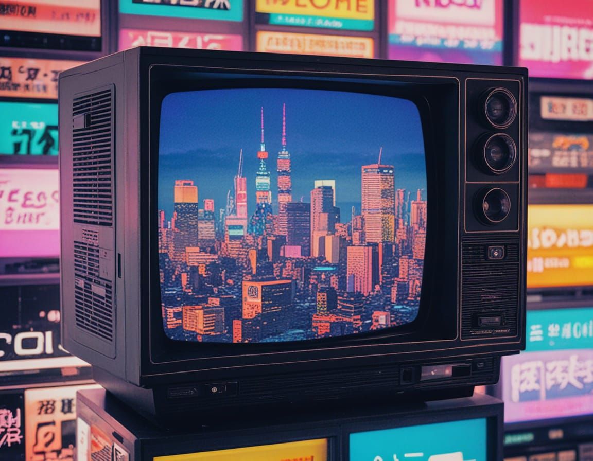 Vaporwave TV with Neon Tokyo in Glitch Art Style
