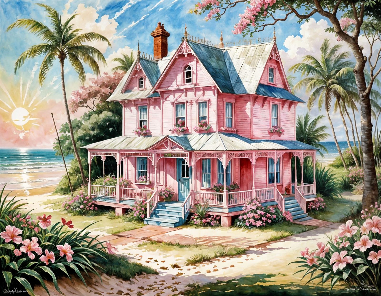 Pink Victorian Cottage on the Beach: Watercolor Painting