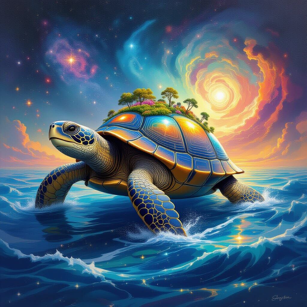 Ancient Cosmic Turtle with Ecosystem in Swirling Celestial O...