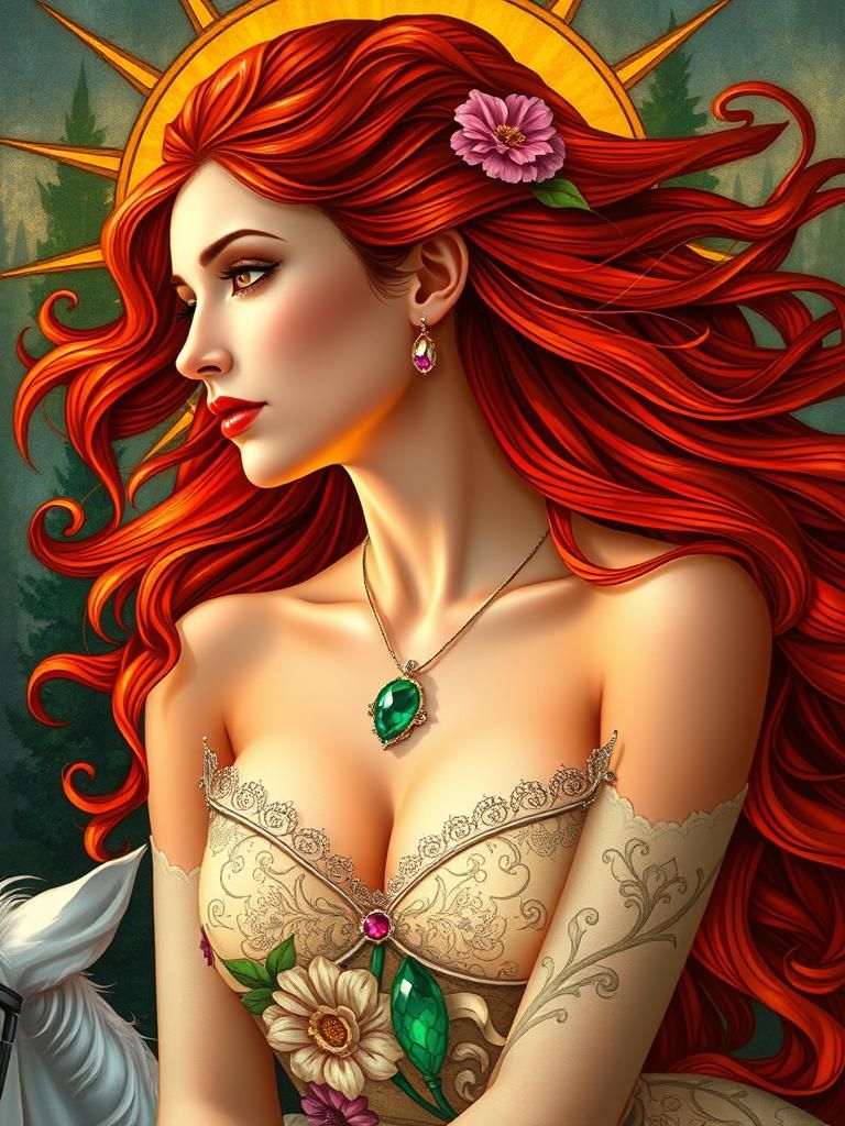 Auburn Haired Woman on White Stallion: Digital Art