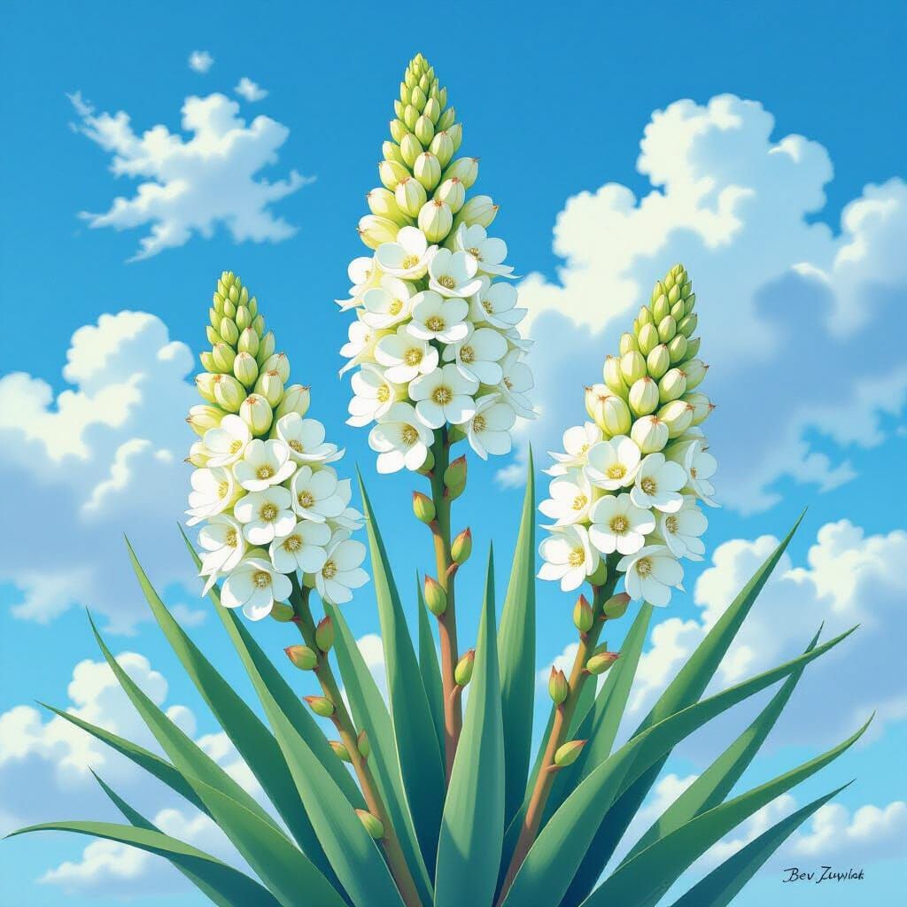 Yucca Flowers Against Blue Sky: Watercolor Art