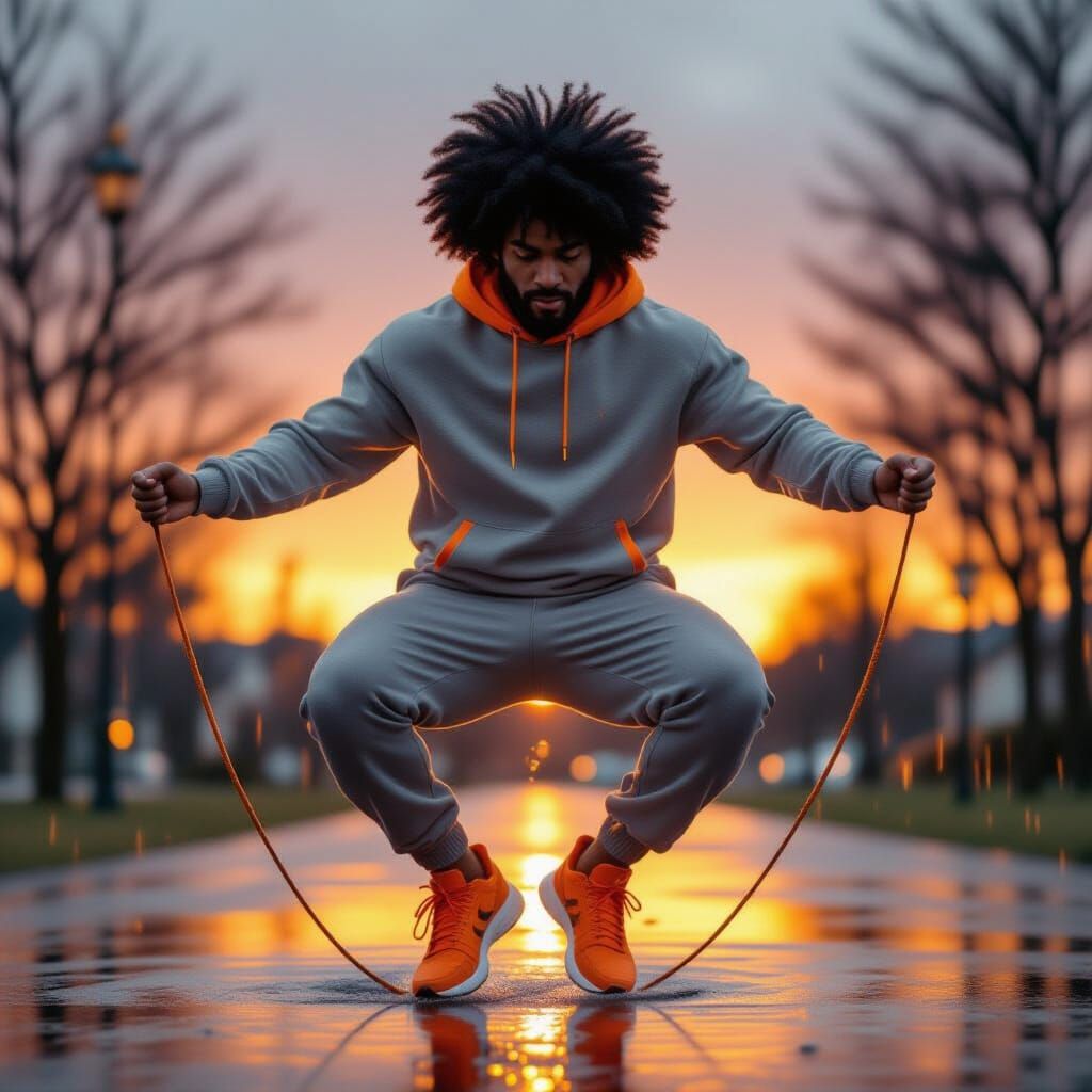 Man Jump Roping in Rain at Sunrise