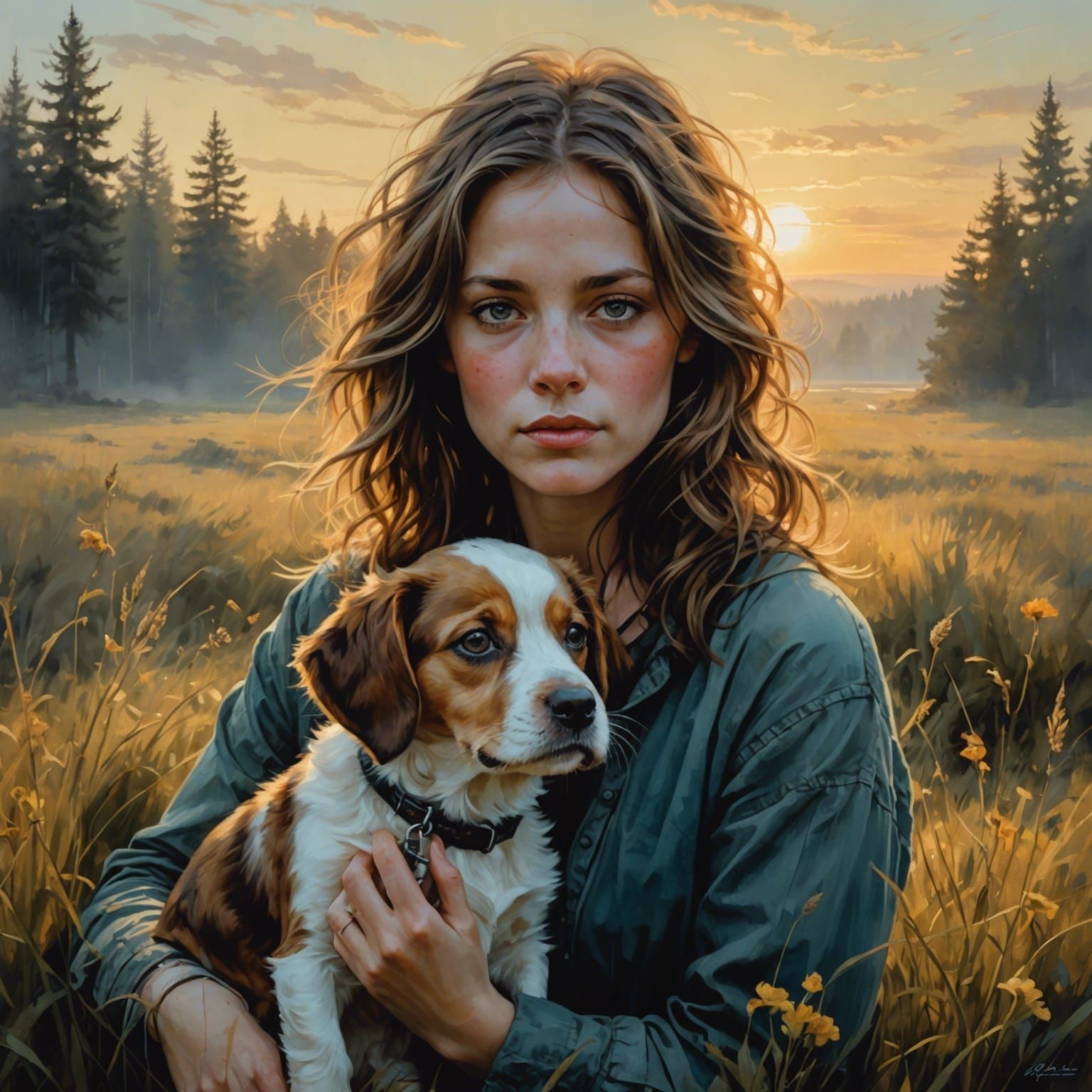 Woman and Puppy in Foggy Meadow, Ink and Watercolor