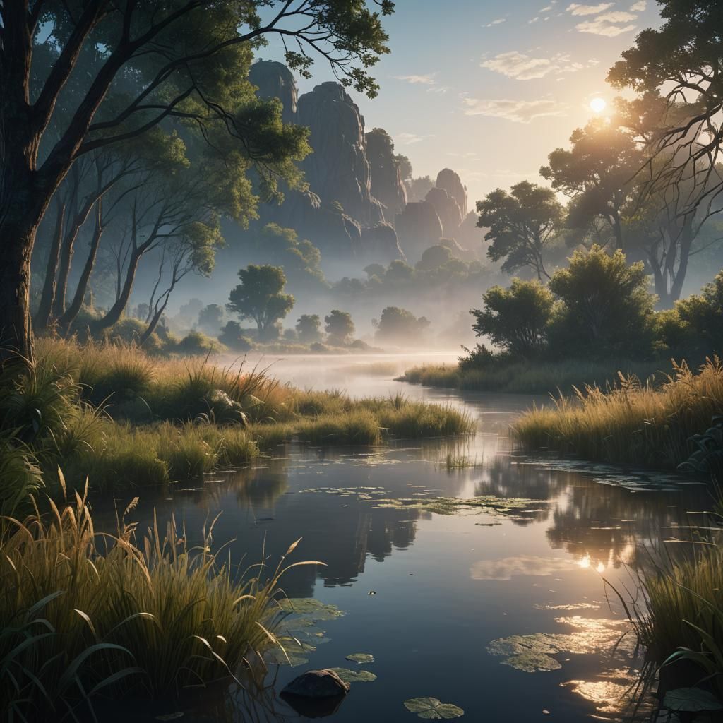 Mist Rising Over Riverside at Dawn, Matte Painting