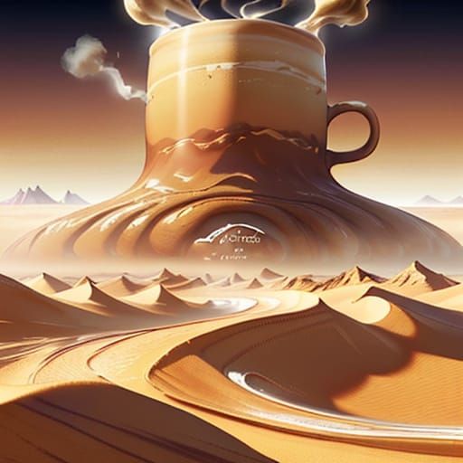 Giant Coffee Mug in Vast Desert Landscape