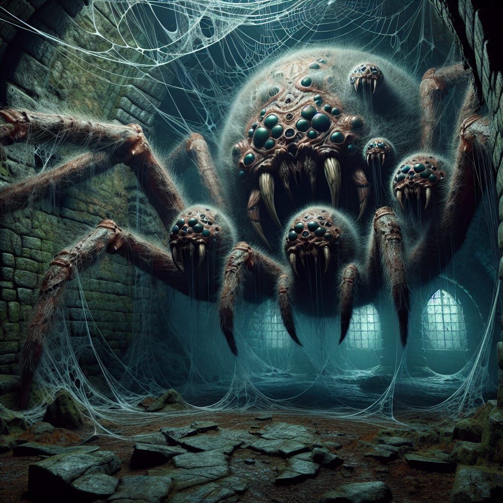 Six-Headed Spider Weaving Webs in Gloomy Dungeon