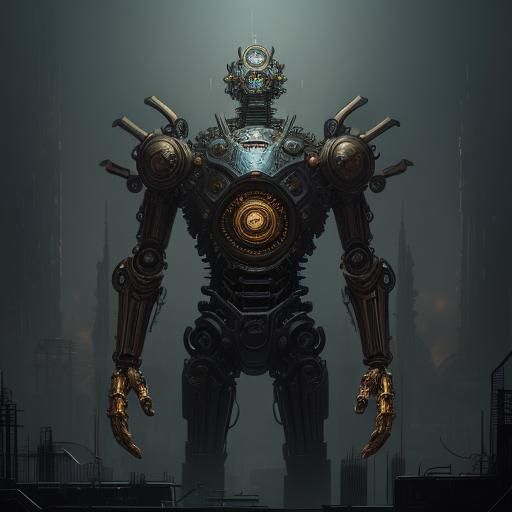 Gearpunk Robot Monster in Industrial Cityscape