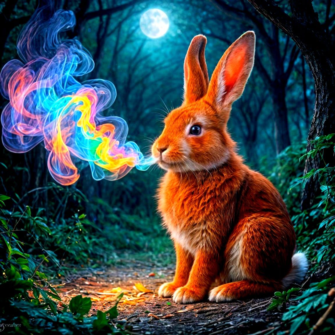 Gorgeous Red Haired Rabbit Exhaling Colorful Prismatic Smoke